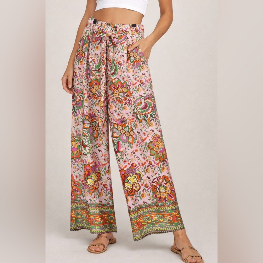 NWT Gibson Latimer Boho Floral Wide Leg Pants Size L Pink Paisley Tie Waist
